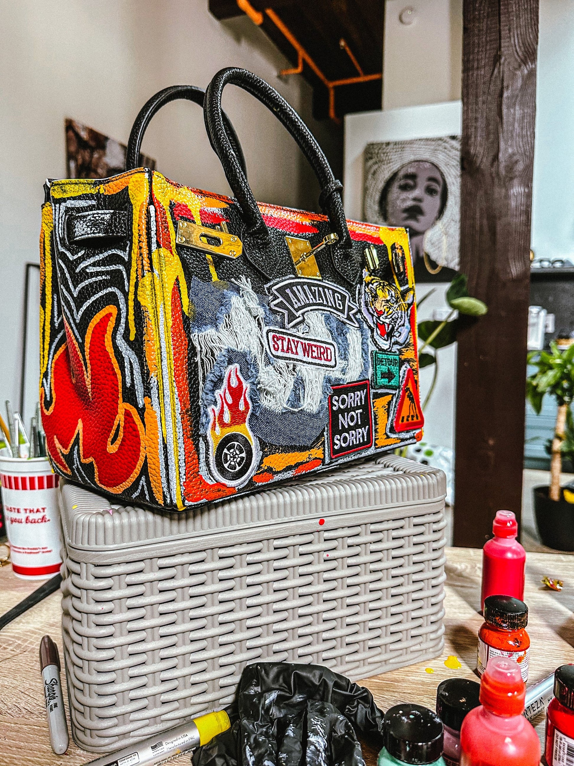Distressed Painted Tote - Flame Thrower  image 0